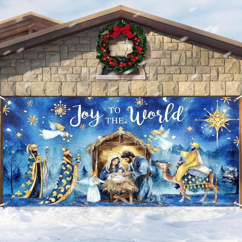 DZLGC Christmas Nativity Garage Door Decoration Cover, Large Christmas Jesus Birthday Garage Door Banner Backdrop, Joy to The World Winter Holiday Supplies Party Background for Photo Decor 16X7FT - Image 1